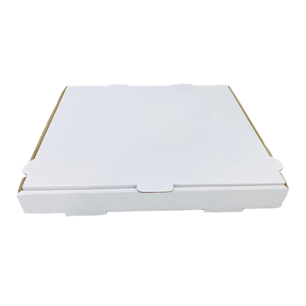 Plain white pizza box, closed flat