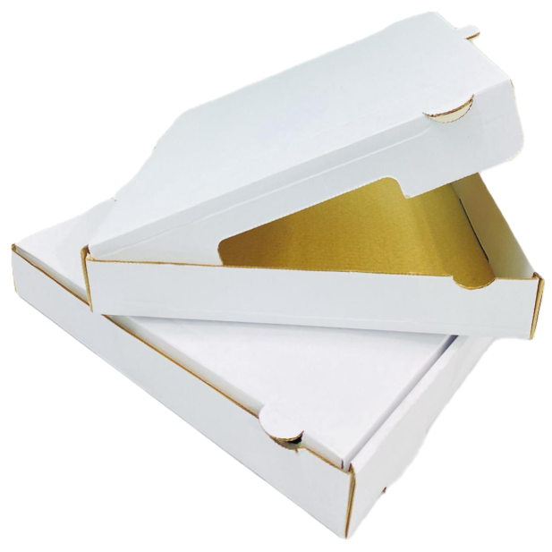 White pizza box with the lid propped open, showing the lined interior