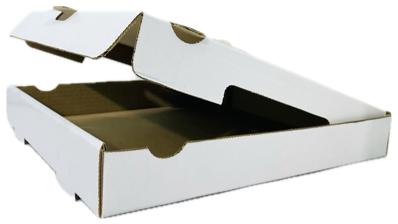 Our plain white pizza box with the lid open, kraft interior