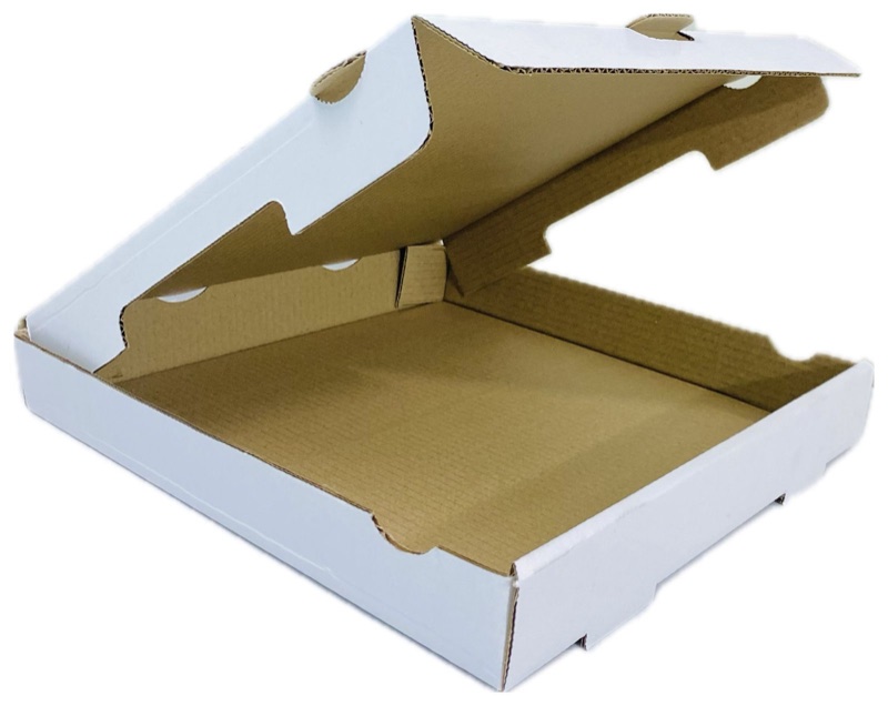 Plain white pizza box with the lid propped open