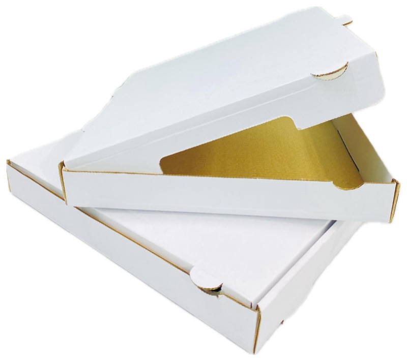 Two stacked white pizza boxes
