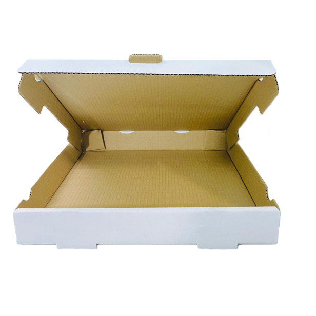 Pizza box with the lid fully open