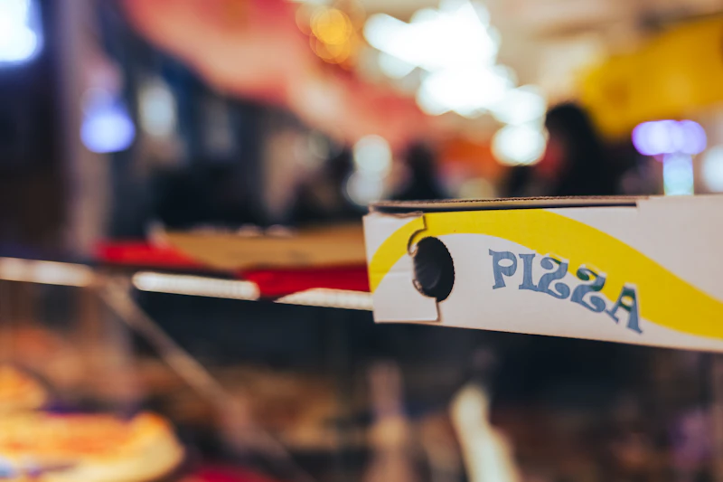 Close-up of a pizza box on a table