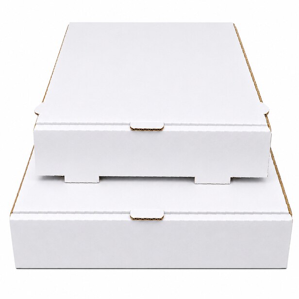 Plain white pizza boxes, stacked and closed