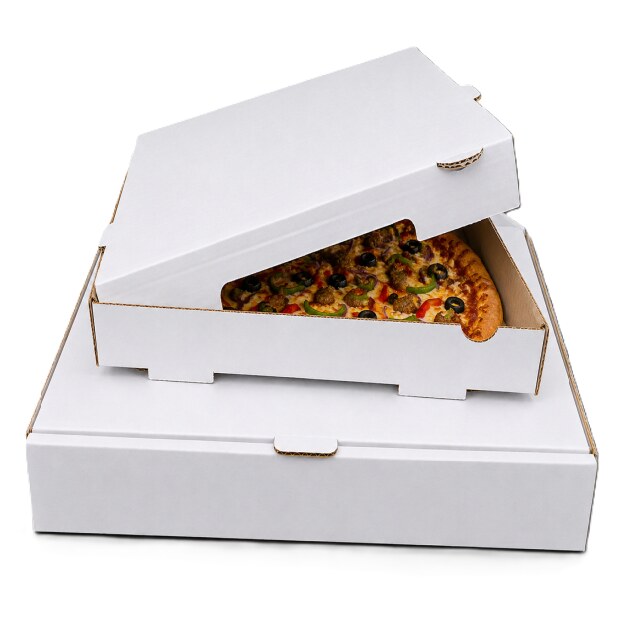 Open plain white pizza box with a pizza slice inside